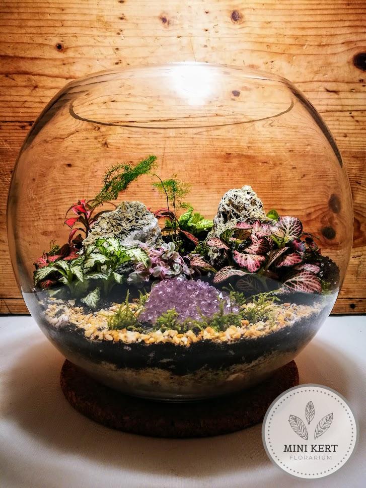 Üveggömb florárium 25 cm-es "Ametiszt kristály"