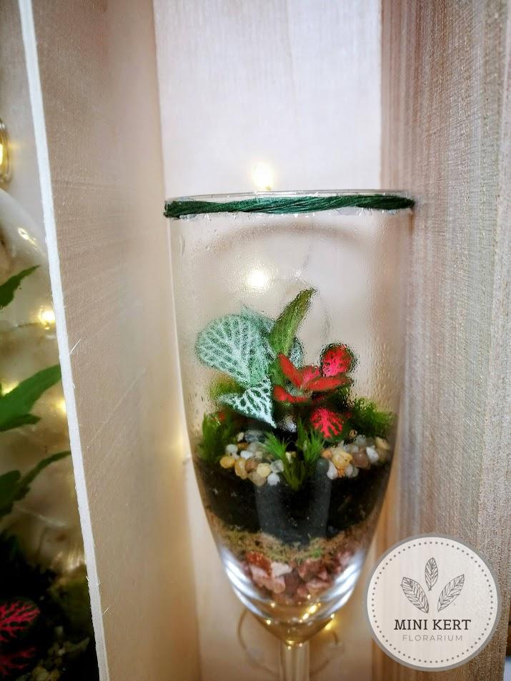 Borosüveg és borospohár florárium szett fadobozban
